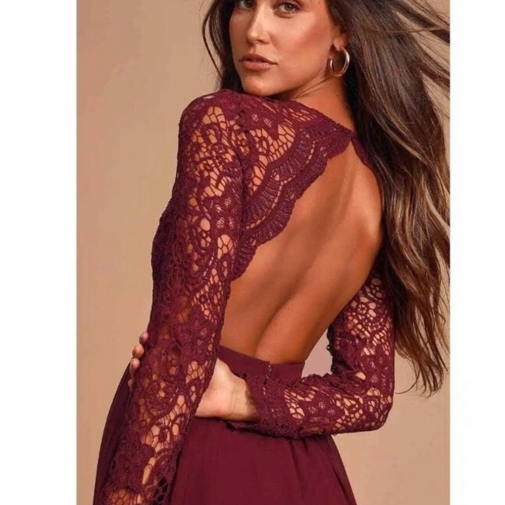 Lulu's Burgundy Lace Long Sleeve Dress